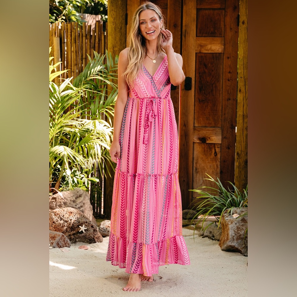 Pink Western Printed Tassel Tie V Neck Wrap Maxi Dress